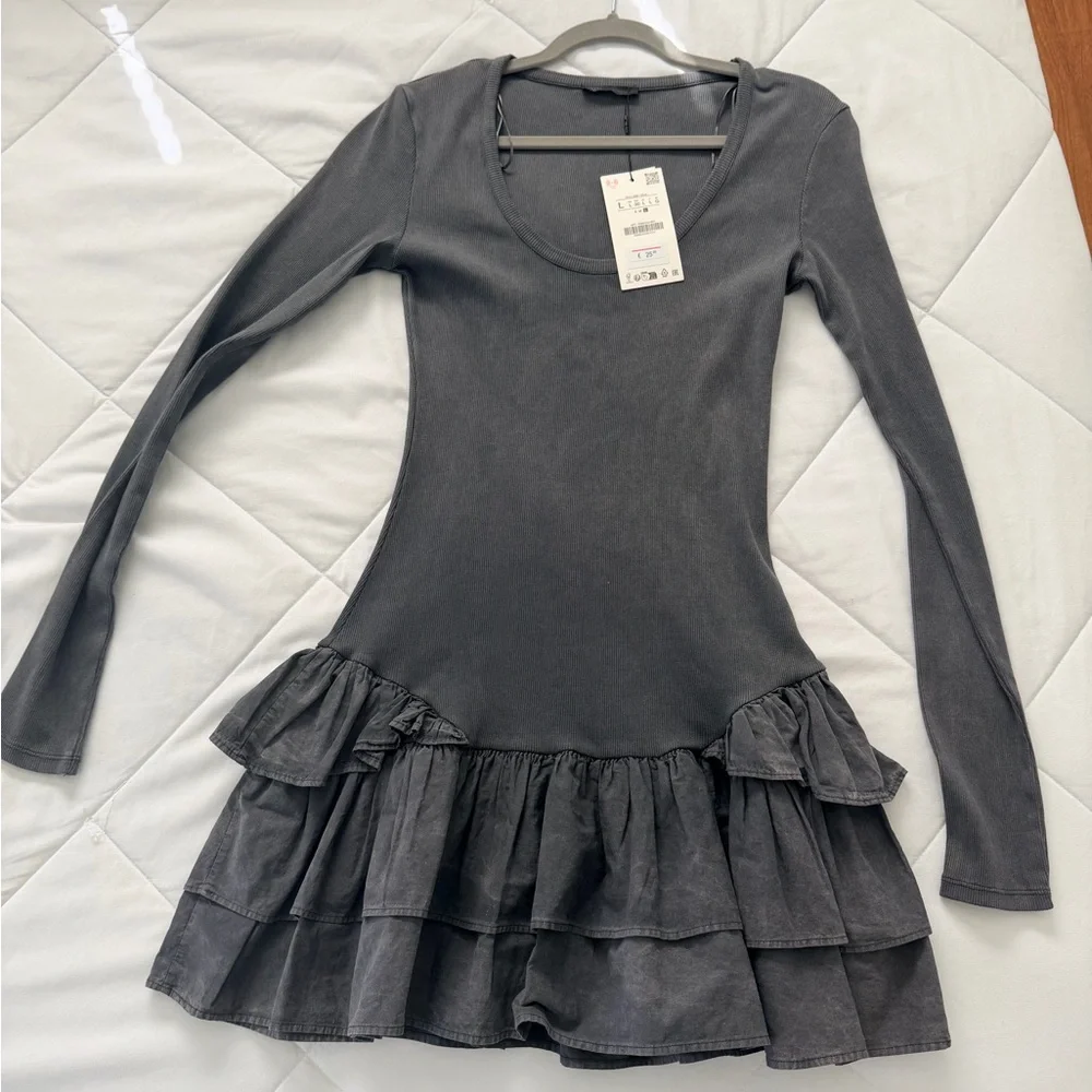 Zara Charcoal Long Sleeve Dress with Tiered Skirt - Picture 2 of 2